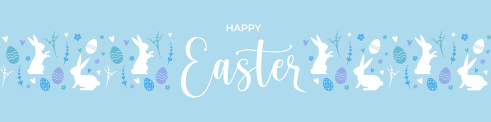 Easter pattern in pastel colors with bunnies and eggs on a blue background. Vector horizontal pattern with the inscription "Happy Easter" for your design. Stock illustration EPS 10