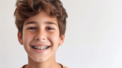 Teen boy with braces showing a joyful smile - obrazy, fototapety, plakaty