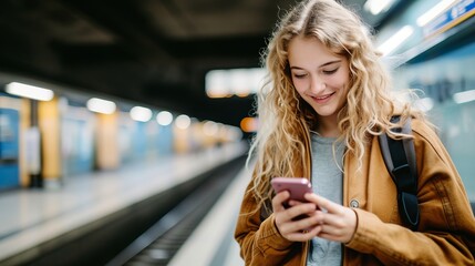 Young woman standing on platform of underground train station, checking her mobile phone