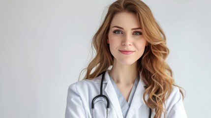 Female doctor smiles happily on white background