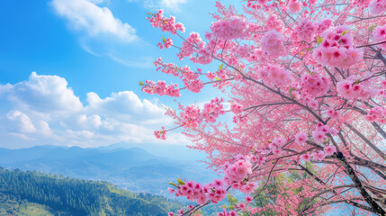 Beautiful cherry blossom sakura (Prunus Cesacoides) in spring time over blue sky. In the last days of winter, the Mai Anh Dao cherry blossoms in Da Lat, Lam Dong province are creating beautiful scene.