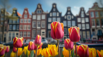 Fototapeta premium Historical houses of Netherlands with colorful tulips. 
