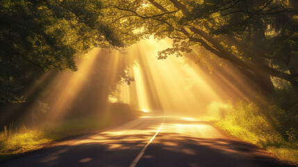 Golden majestic light beams shining through tree on the road in the morning.