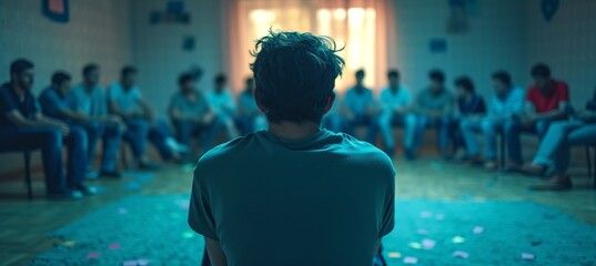 Support group meeting for mental health and addiction with depressed man seeking support and coping