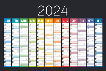 Colorful 2024 horizontal calendar - obrazy, fototapety, plakaty