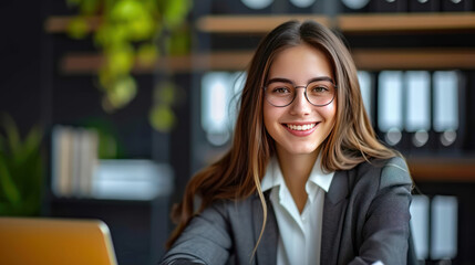 Fototapeta premium Portrait of a young female Lawyer or attorney working in the office, smiling and looking at the camera.