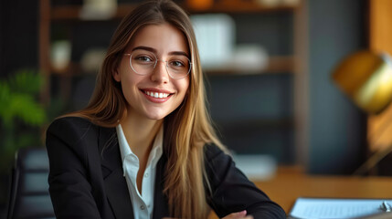 Portrait of a young female Lawyer or attorney working in the office, smiling and looking at the camera.