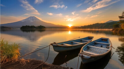 Beautiful scenery during sunrise of Lake Saiko in Japan with the rowboat parked on the waterfront...