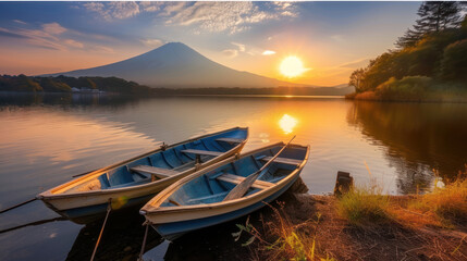 Beautiful scenery during sunrise of Lake Saiko in Japan with the rowboat parked on the waterfront and Mountain Fuji background. Travel and Attraction Concept. - obrazy, fototapety, plakaty