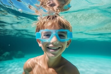 Portrait of happy boy underwater in swimming pool with his mother looking at camera