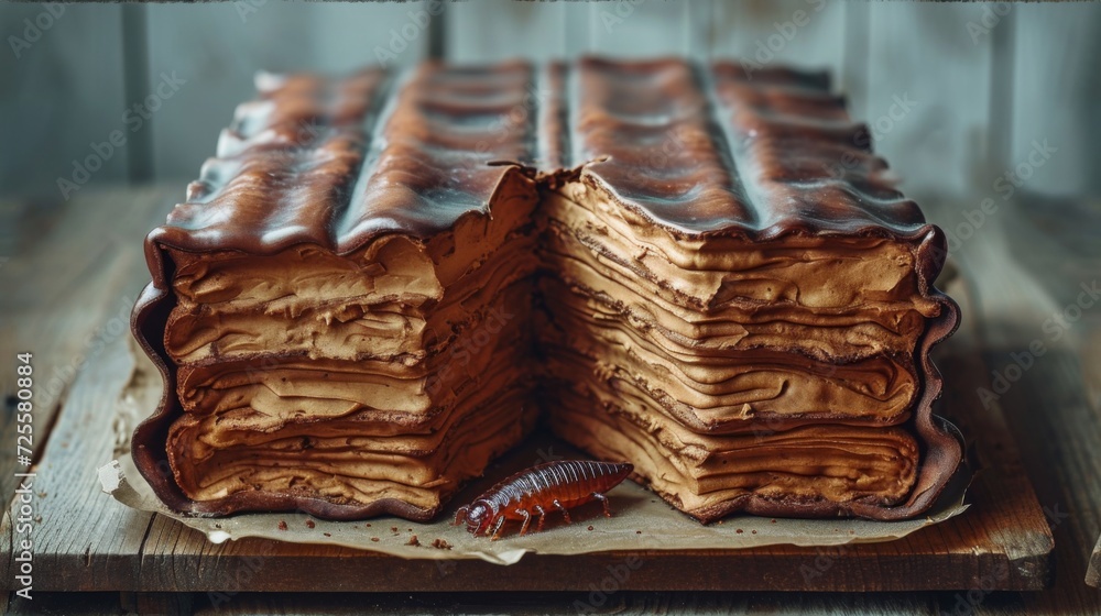Poster a large layered cake with a bug crawling on top, ai