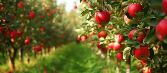 Obraz premium Rows of apple trees prior to being harvested.