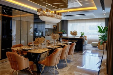 a beautiful modern luxury dining room with dining table and chairs