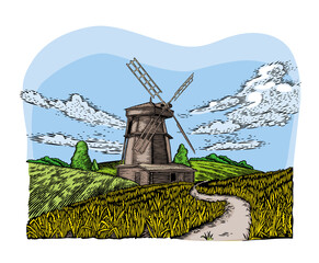 Drawing of windmill in the wheat fields