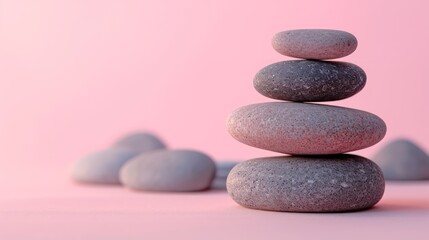 Fototapeta na wymiar Pebbles balancing, on a pastel background. Sea pebble. Colorful pebbles. For banner, wallpaper, meditation, yoga, spa, the concept of harmony, ba lance. Copy space for text