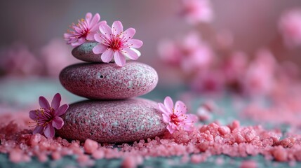 Obraz na płótnie Canvas Pebbles balancing, with flowers background. Sea pebble. Colorful pebbles. For banner, wallpaper, meditation, yoga, spa, the concept of harmony, ba lance. Copy space for text