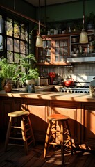 Fototapeta na wymiar interior of a rustic kitchen with wooden countertop and stools
