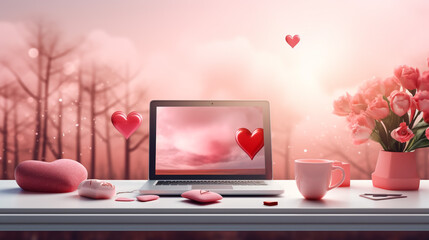 Paper shopping bag with love hearts with laptop. Banner idea for Valentine's Day bags with heart, computer place for sale or promotions. 3d rendering
