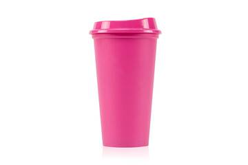 Empty pink plastic cups isolated on white background with clipping path.