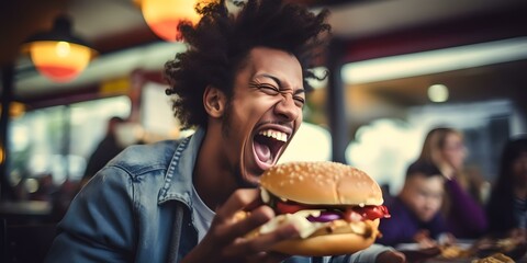 Joyful man laughs with a giant burger. casual dining. capturing the fun of fast food. lively and energetic atmosphere. AI