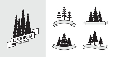 Pine tree logo set with ribbons. Forest and wood symbol. Great for camping, hiking or travel design concept.