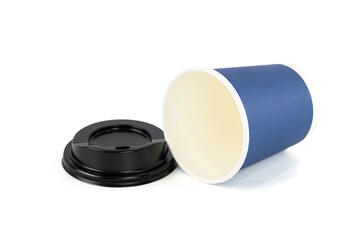 Empty paper cup for coffee made from biodegradable blue paper isolated on a white background with clipping path. Isolated object, template for advertising.