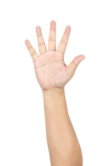 Man hand extended in greeting isolated on white background with clipping path.