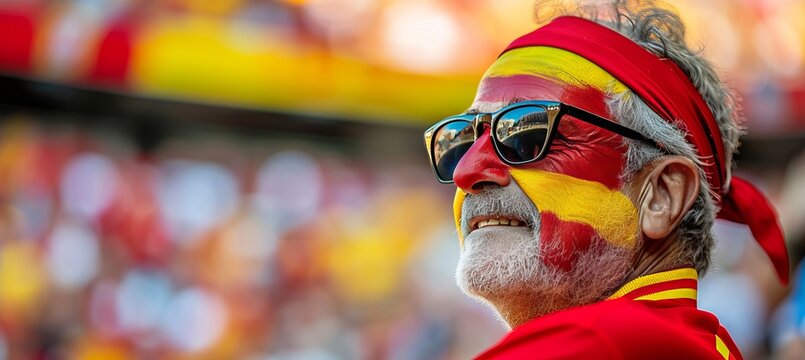 Excited spanish fan with face painted in flag colors cheering at stadium with text space.