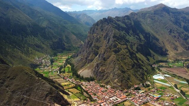Aerial view of the archaeological site of Ollantaytambo in the Sacred Valley of Cusco. Peru