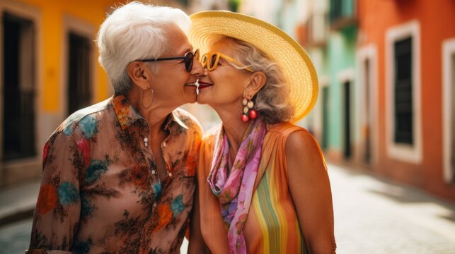 A beautiful couple of middle-aged lesbians kiss on a sunny day during the summer holidays. Travel, Retirement life, love concepts.