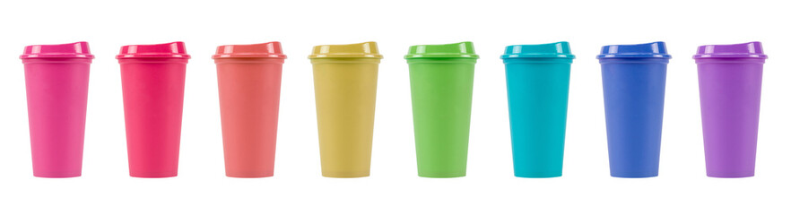 Colorful Empty plastic cup sets isolated on white background with clipping path.