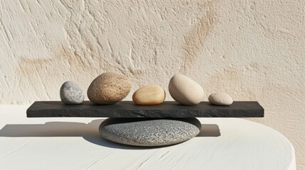 Pebbles balanced on a black plank placed on a round stone. Sea pebble. Balancing pebbles. For banner, wallpaper, meditation, yoga, spa, the concept of harmony, balance. Smooth river stones