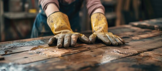 Applying oil to a wooden tabletop, a girl wears work gloves.