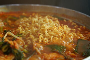 Korean food culture of eating ramen with fish stew seasoned with red pepper powder and red pepper paste