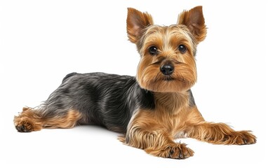 A cute Yorkshire Terrier dog lying down, looking at the camera, isolated on a white background.