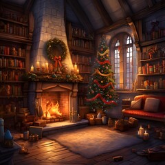 Fototapeta na wymiar 3D Illustration of a Christmas living room with fireplace and christmas tree