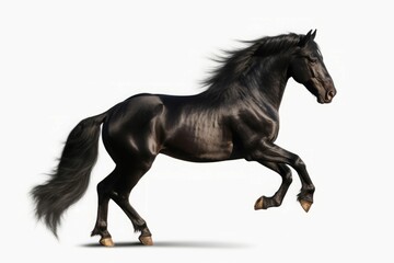Obraz na płótnie Canvas Prancing black purebred horse. Regal sprinting dark shiny haired stallion. Generate ai