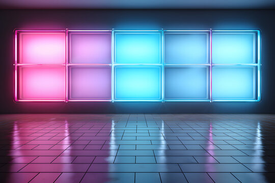 A room with a tile floor and a wall with colorful lights,AI generated Photo.