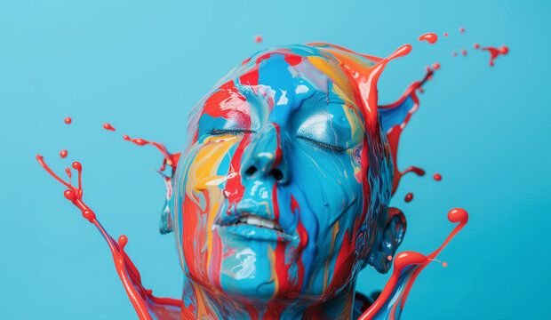 face made from plain splatters, poured dripping down isolated on plain blue background
