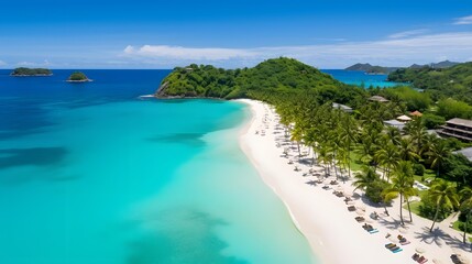Aerial view of beautiful tropical beach with white sand, turquoise water and blue sky.