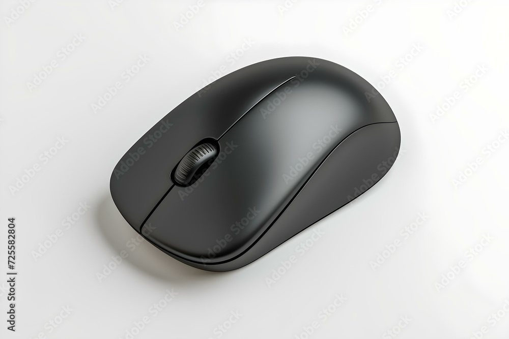 Poster sleek black wireless computer mouse on white surface. modern design, simplicity, and functionality c