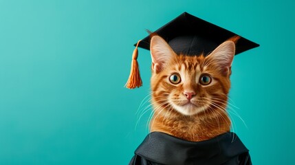 Cute and funny fluffy cat wearing graduation cap on pastel background with space for text