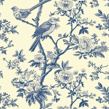 Toile De Jouy Vintage Floral Seamless Pattern: Elegant Vector Graphics