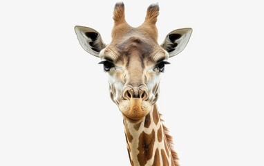 Close-up of a giraffe's head and neck, showcasing its intricate patterns, large eyes, and long eyelashes against a white background.