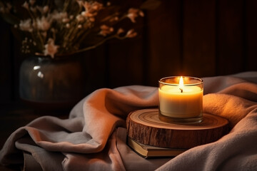 Obraz na płótnie Canvas Close-Up Lit Candle with Rustic Decor. Warm lit candle on wooden stand with book and flowers creates a cozy atmosphere.