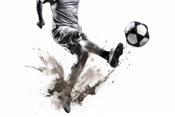 Soccer players in action, kicking soccer balls, sports collage soccer, players running and kicking a soccer ball, football stadium, flame symbol, burning fire flames, fiery ball on white, ai generated