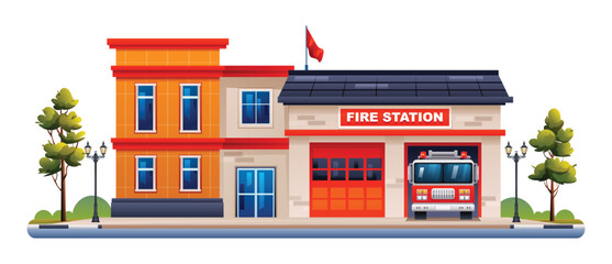 Fire station building with fire truck. Fire department office vector illustration isolated on white background - obrazy, fototapety, plakaty