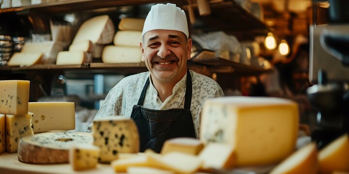 Cheerful artisan cheesemaker posing in a cheese shop. authentic portrait, small business owner. traditional craftsmanship. AI