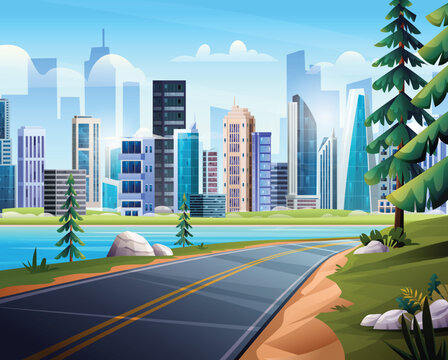 Road to city landscape illustration. Nature highway with river and cityscape views. Vector cartoon background