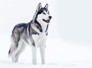 A Siberian Husky stands majestically in the snow, showing off its thick black and white fur and blue eyes.